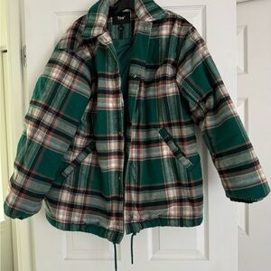 TNA Green Puffer Jacket with Plaid Pattern and Oversized Fit